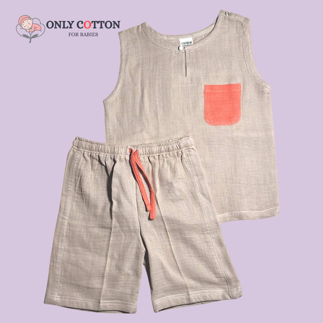 Organic Cotton Muslin Unisex Colourblocked Jhabla Sets with Patched Pockets