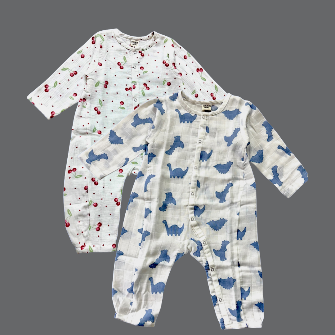 Organic Cotton Muslin Snap Up Rompers - Combo of 2 (Dino + Cherry)