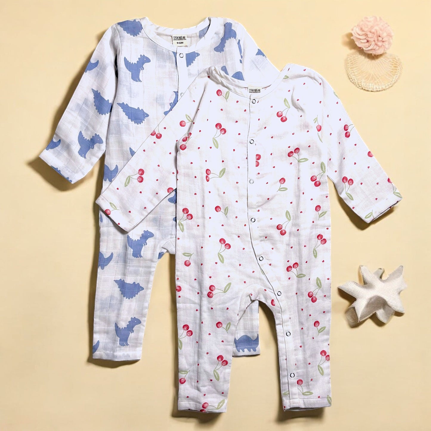 Organic Cotton Muslin Snap Up Rompers - Combo of 2 (Dino + Cherry)