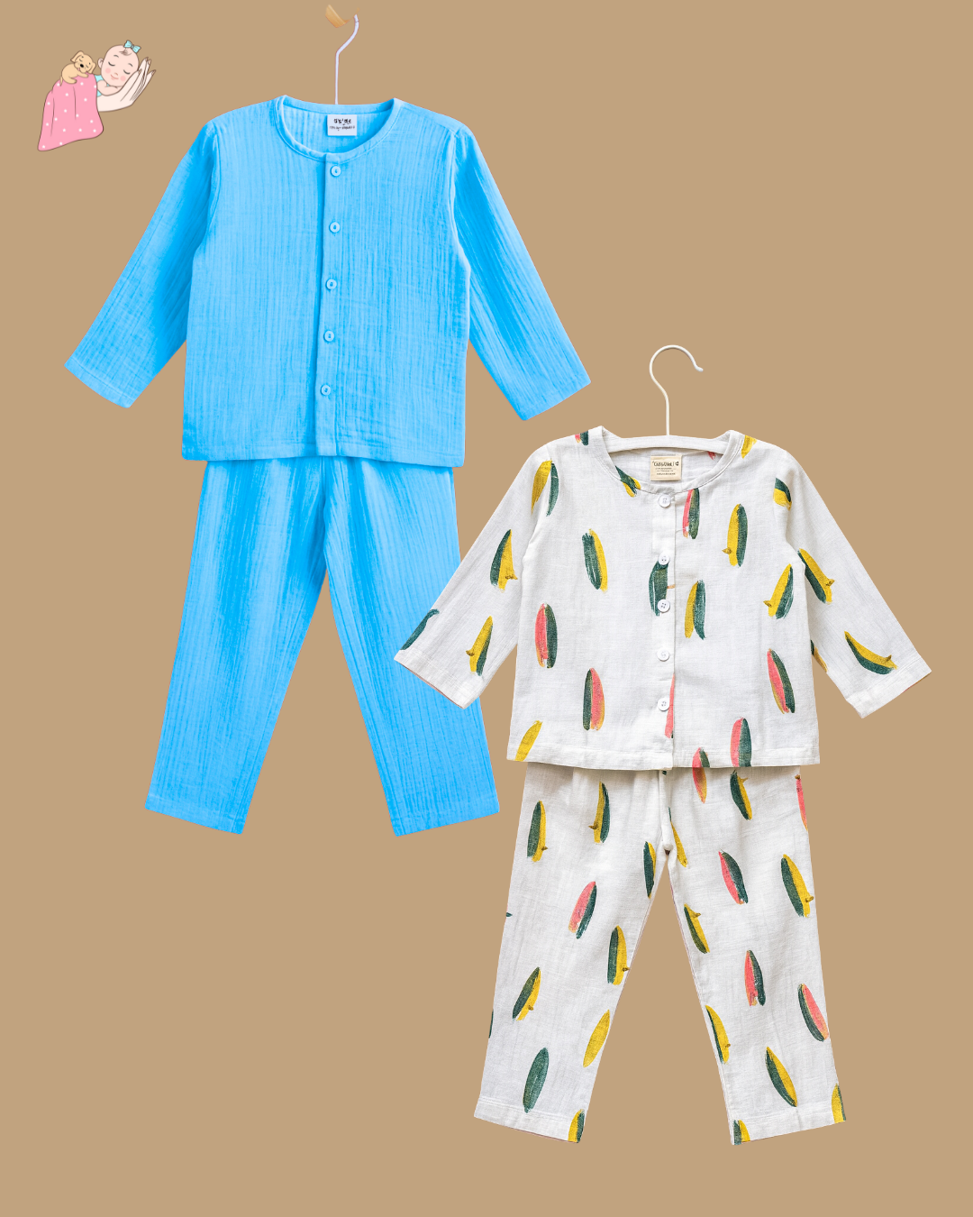 Organic Cotton Muslin Collarless Night Suits - Set of 2
