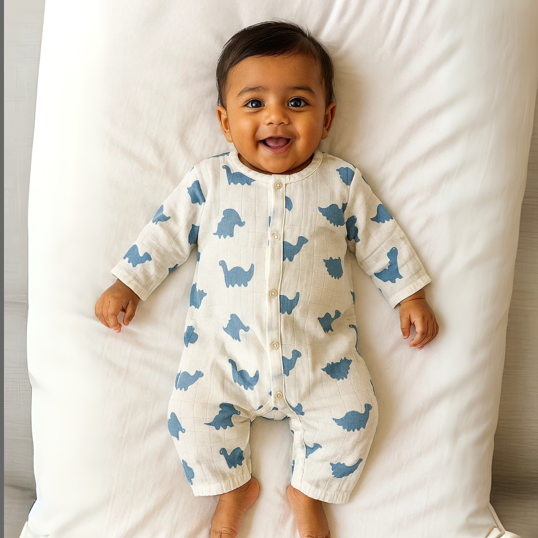 Organic Cotton Muslin Snap Up Rompers - Combo of 2 (Dino + Cherry)