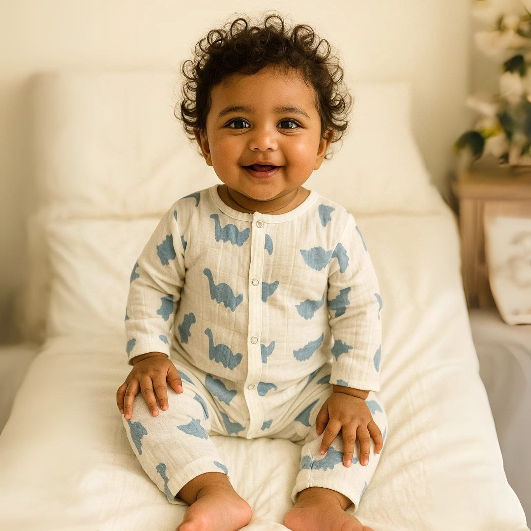 Organic Cotton Muslin Snap Up Rompers - Combo of 2 (Dino + Cherry)