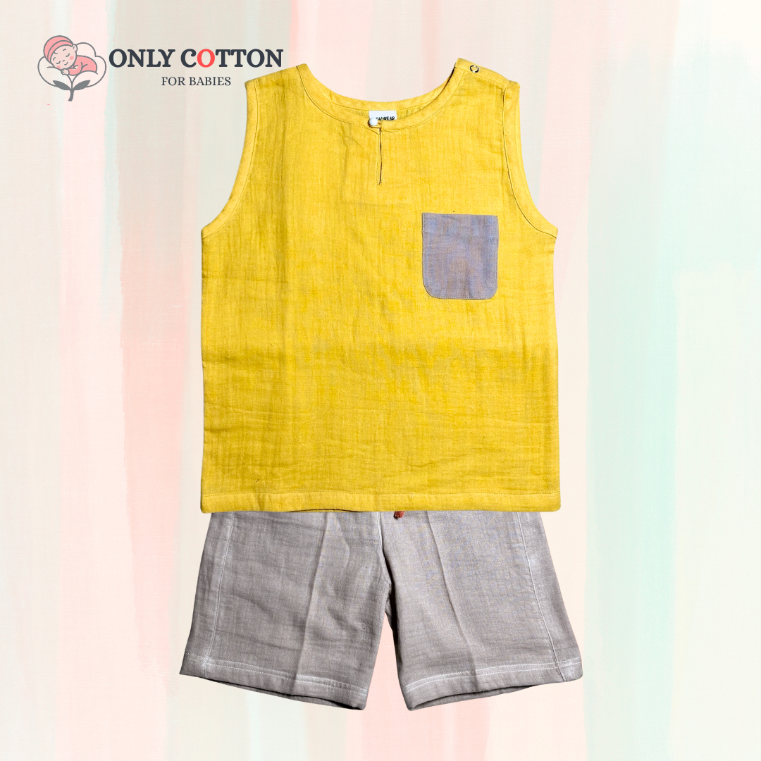 Organic Cotton Muslin Unisex Colourblocked Jhabla Sets with Patched Pockets