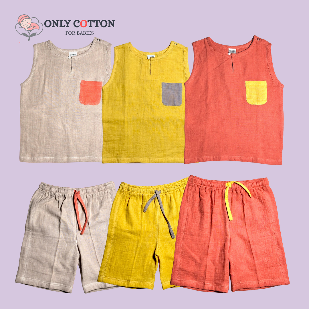 Organic Cotton Muslin Unisex Colourblocked Jhabla Sets with Patched Pockets