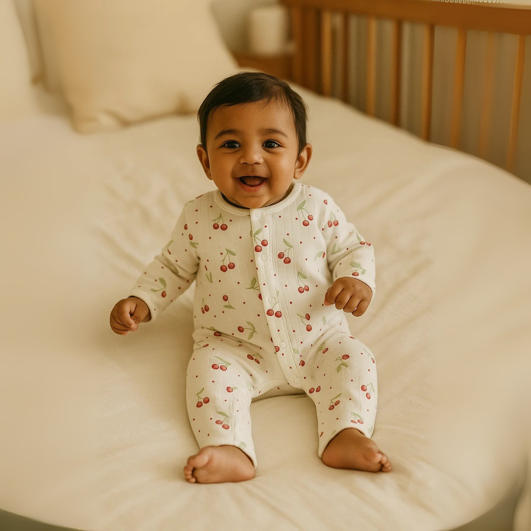 Organic Cotton Muslin Snap Up Rompers - Combo of 2 (Dino + Cherry)