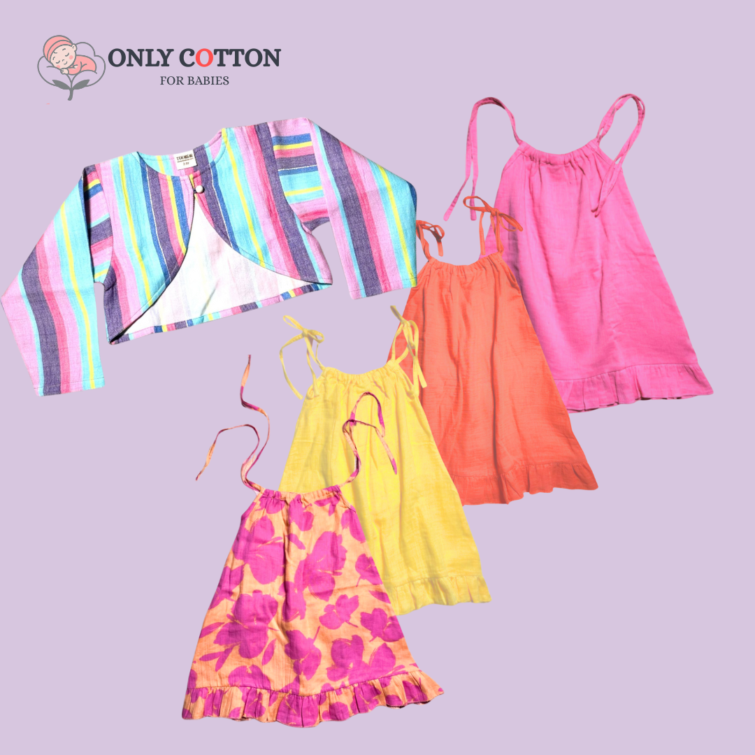 Organic Cotton Muslin Camisole Dress/ Girls Jhabla Set - Indian Colours Set of Four