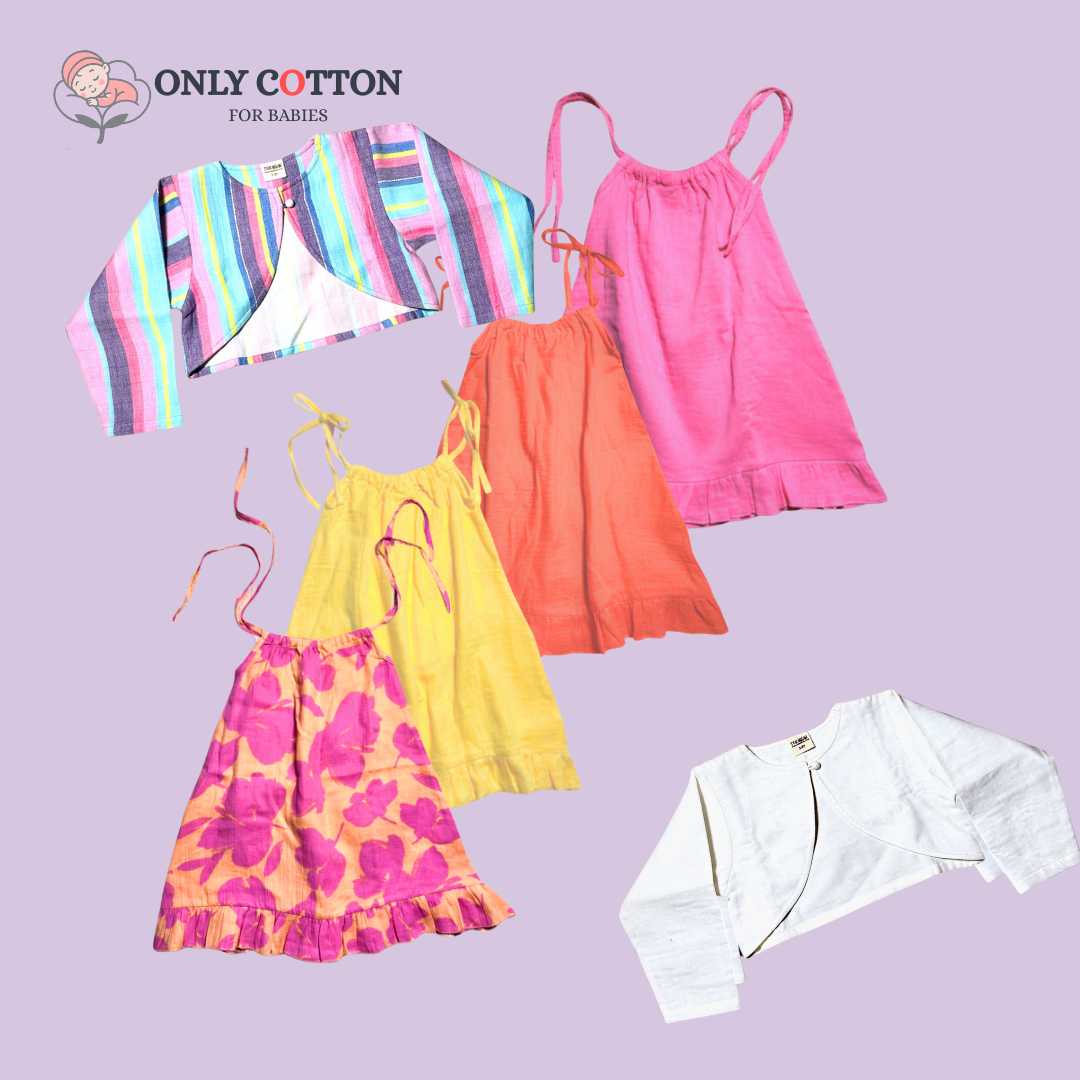 Organic Cotton Muslin Camisole Dress/ Girls Jhabla Set - Indian Colours Set of Four