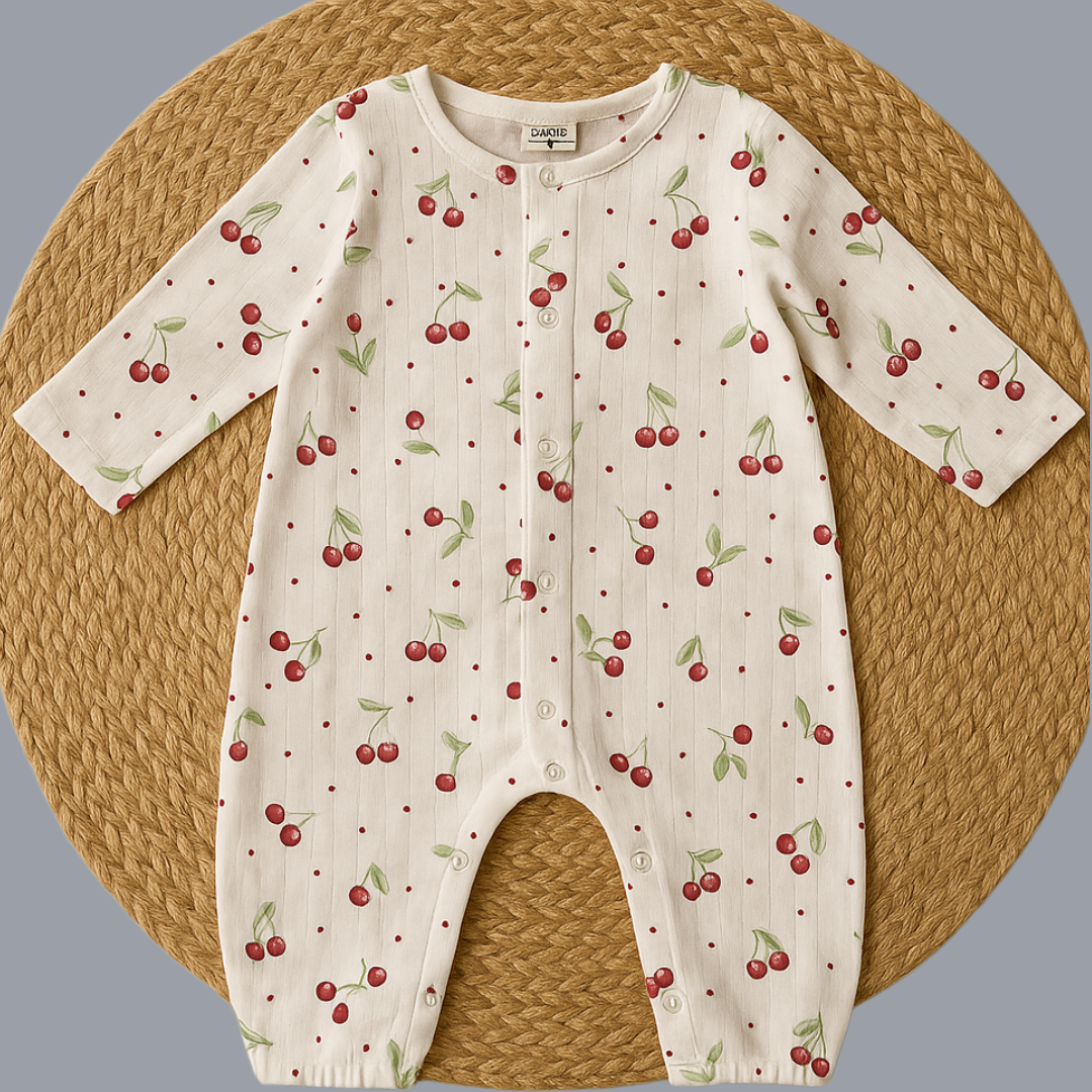 Organic Cotton Muslin Snap Up Rompers - Combo of 2 (Dino + Cherry)