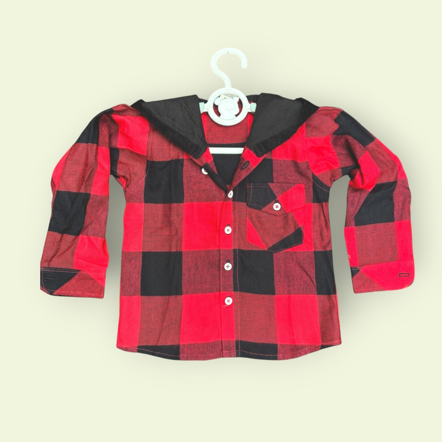Flannel Plaid Shirt for Kids – Corduroy Hood with Button Pocket in Red & Black