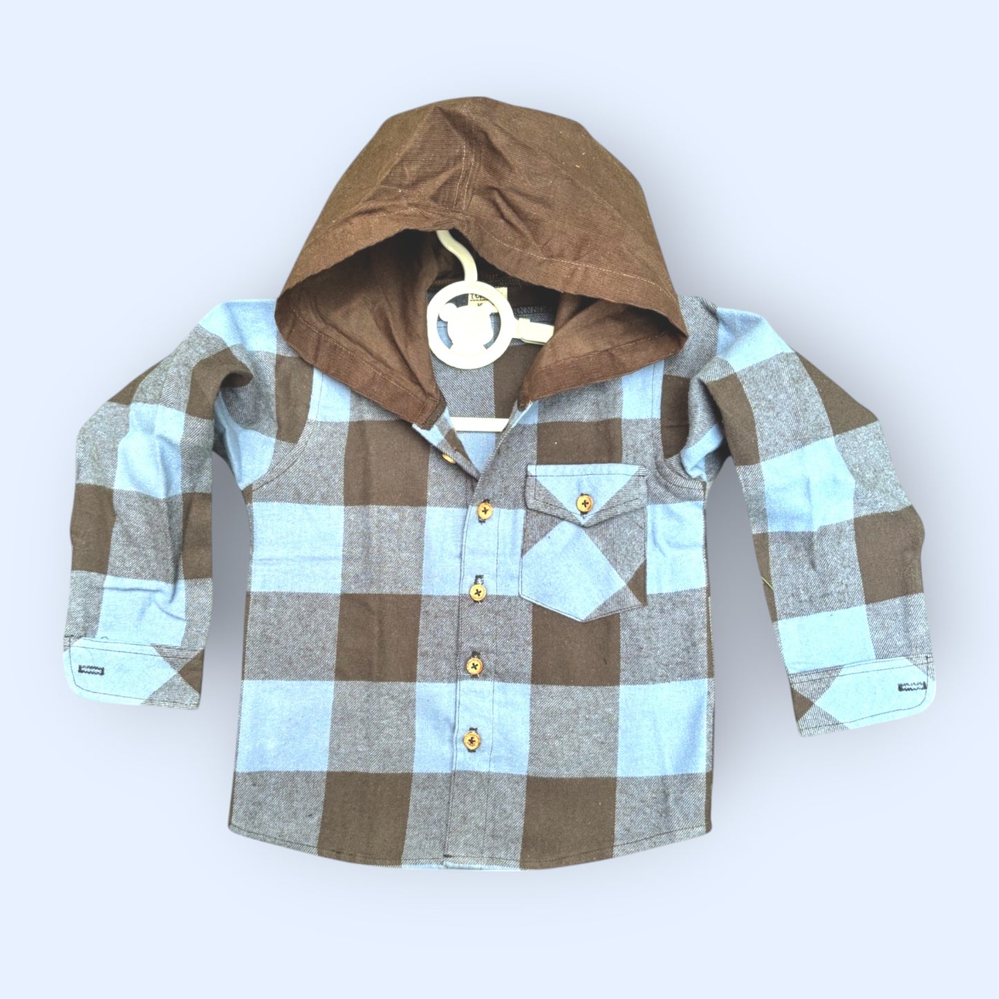 Flannel Plaid Shirt for Kids – Corduroy Hood with Button Pocket in Blue & Brown