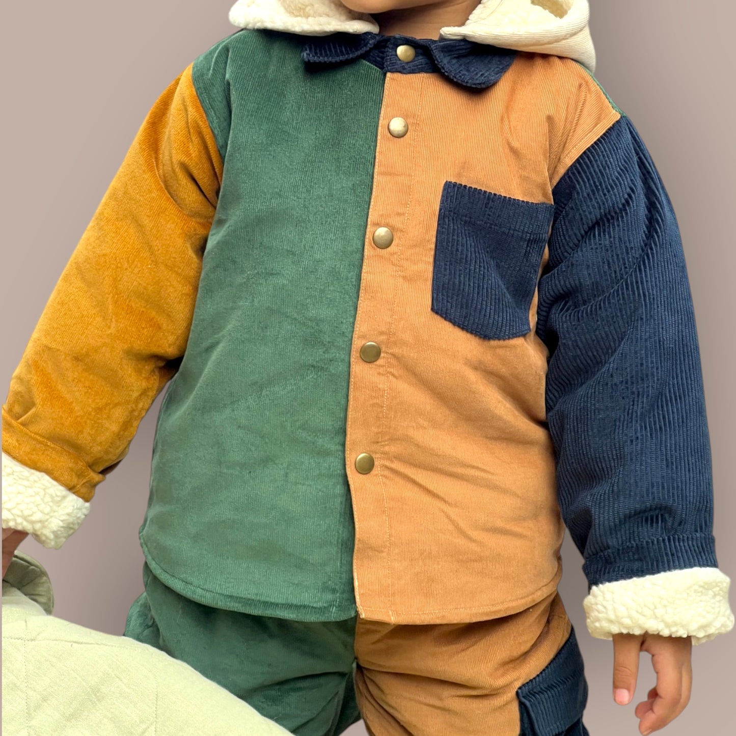Corduroy Shacket & Pant Set for Kids – Colour Block with Detachable Hoodie