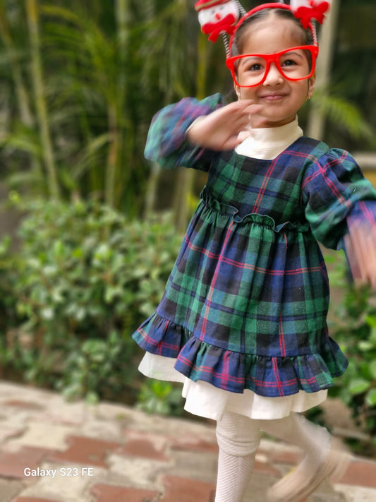 Cotton Flannel Plaid Dress for Girls – Double Layer, Flared in Christmas Green