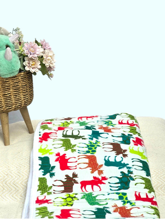 Soft Flannel and Muslin Quilted Toddler Blanket for Toddlers – Reindeer on Snow
