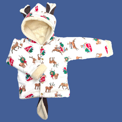 Cotton Flannel Winter Jacket for Kids – Unisex with Sherpa Fur & Reindeer Appliques