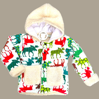Cotton Flannel Jacket for Kids – Unisex with Sherpa Fur Lining & Patched Pockets in Multicolour Reindeer