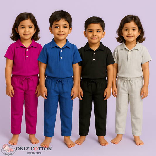 Muslin Polo Tee with Full Length Pajama - Combo of 4 Sets