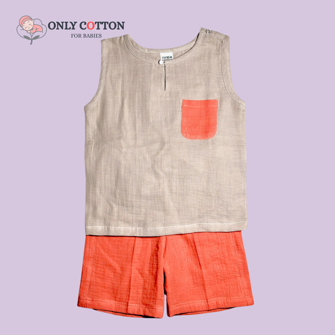 Organic Cotton Muslin Unisex Colourblocked Jhabla Sets with Patched Pockets