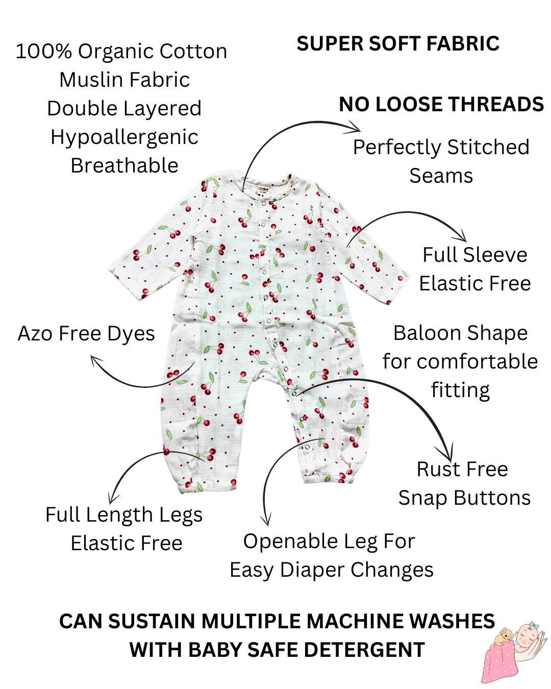 Organic Cotton Muslin Snap Up Rompers - Combo of 2 (Dino + Cherry)