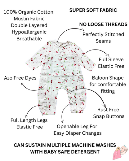 Organic Cotton Muslin Snap Up Rompers - Combo of 2 (Dino + Cherry)