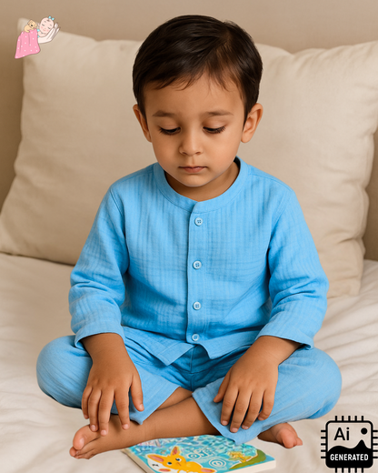 Organic Cotton Muslin Collarless Night Suits - Set of 2