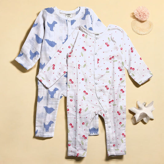 Organic Cotton Muslin Snap Up Rompers - Combo of 2 (Dino + Cherry)
