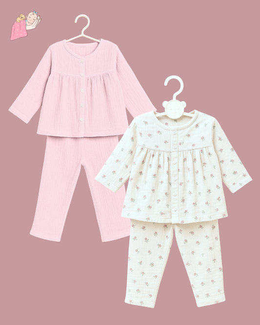 Organic Cotton Muslin Peplum Perfection Night Suit for girls - Set of 2
