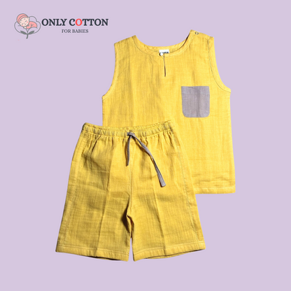 Organic Cotton Muslin Unisex Colourblocked Jhabla Sets with Patched Pockets