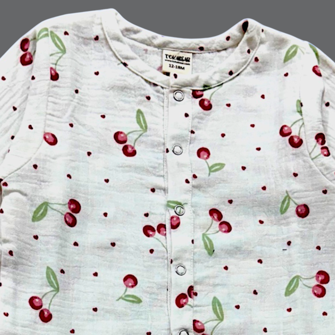 Organic Cotton Muslin Snap Up Rompers - Combo of 2 (Dino + Cherry)