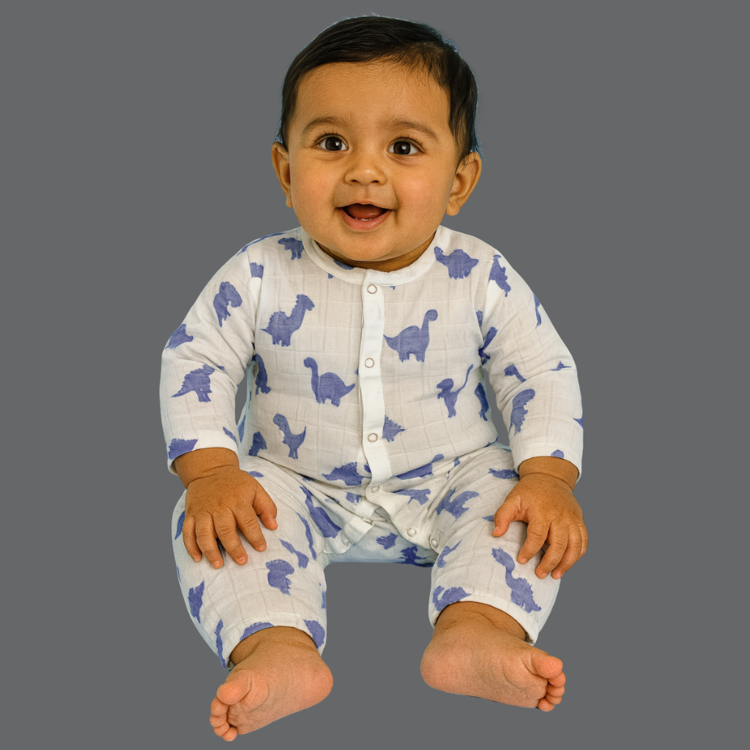 Organic Cotton Muslin Snap Up Rompers - Combo of 2 (Dino + Cherry)