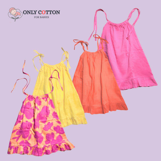 Organic Cotton Muslin Camisole Dress/ Girls Jhabla Set - Indian Colours Set of Four