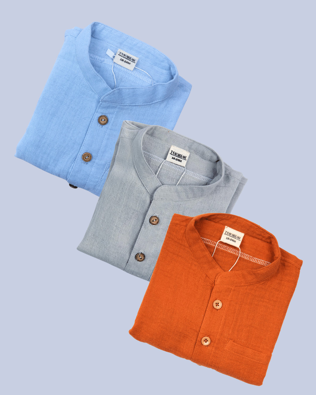 Organic Cotton Mandarin Collar Shirt with Roll Up Sleeves (Combo of Three)