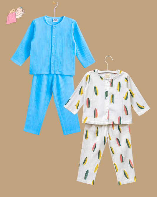 Organic Cotton Muslin Collarless Night Suits - Set of 2