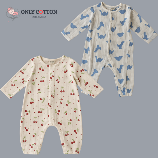 Organic Cotton Muslin Snap Up Rompers - Combo of 2 (Dino + Cherry)