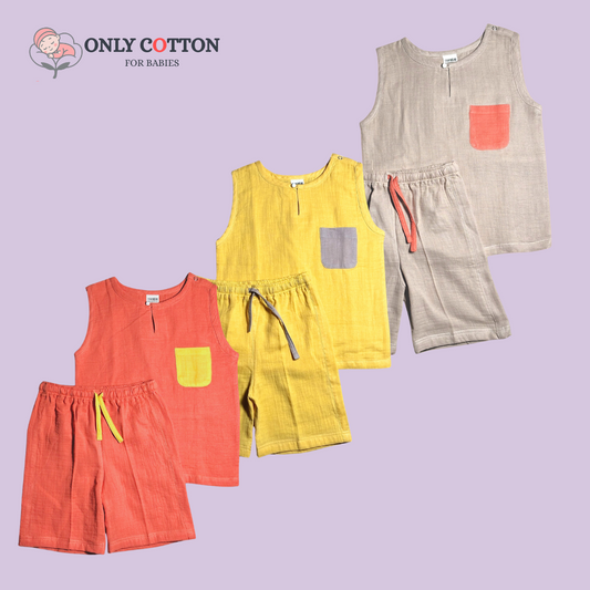 Organic Cotton Muslin Unisex Colourblocked Jhabla Sets with Patched Pockets