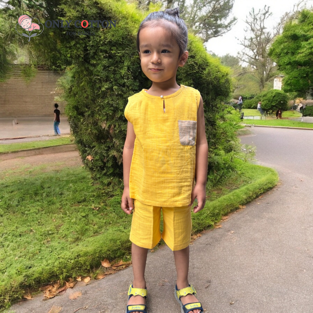 Organic Cotton Muslin Unisex Colourblocked Jhabla Sets with Patched Pockets