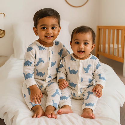 Organic Cotton Muslin Snap Up Rompers - Combo of 2 (Dino + Cherry)