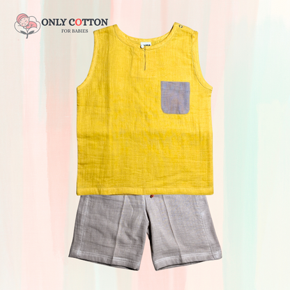 Organic Cotton Muslin Unisex Colourblocked Jhabla Sets with Patched Pockets