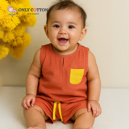 Organic Cotton Muslin Unisex Colourblocked Jhabla Sets with Patched Pockets