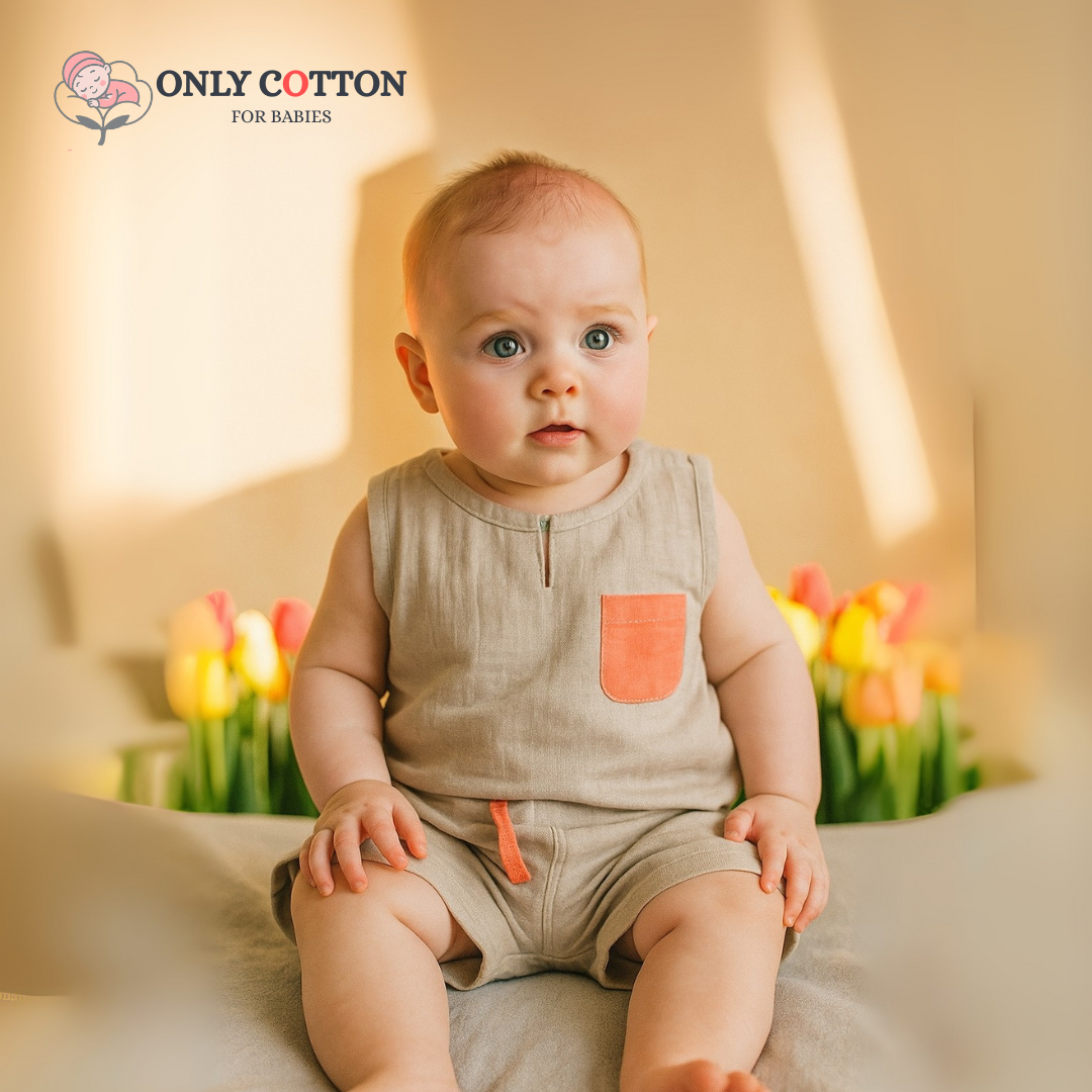 Organic Cotton Muslin Unisex Colourblocked Jhabla Sets with Patched Pockets