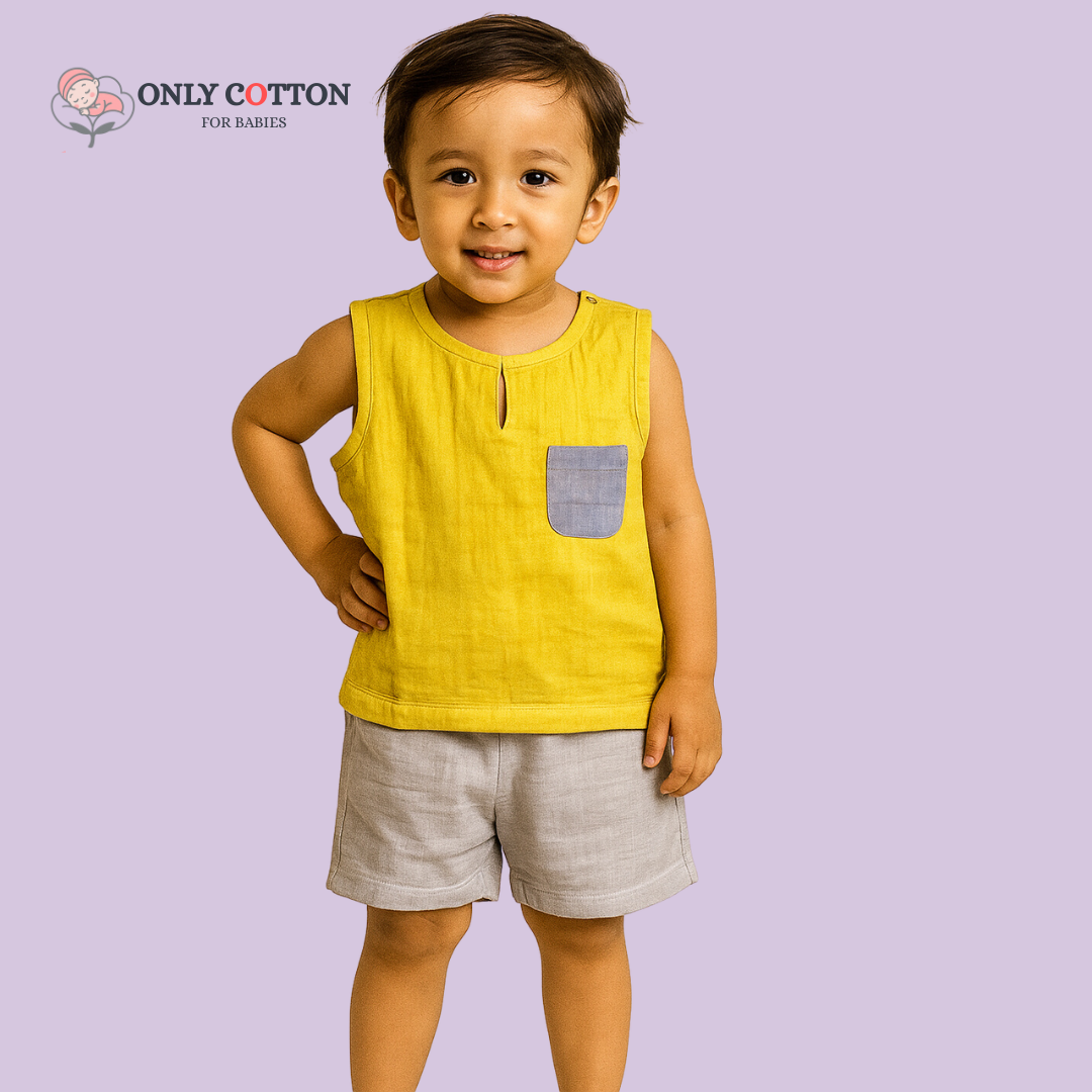 Organic Cotton Muslin Unisex Colourblocked Jhabla Sets with Patched Pockets