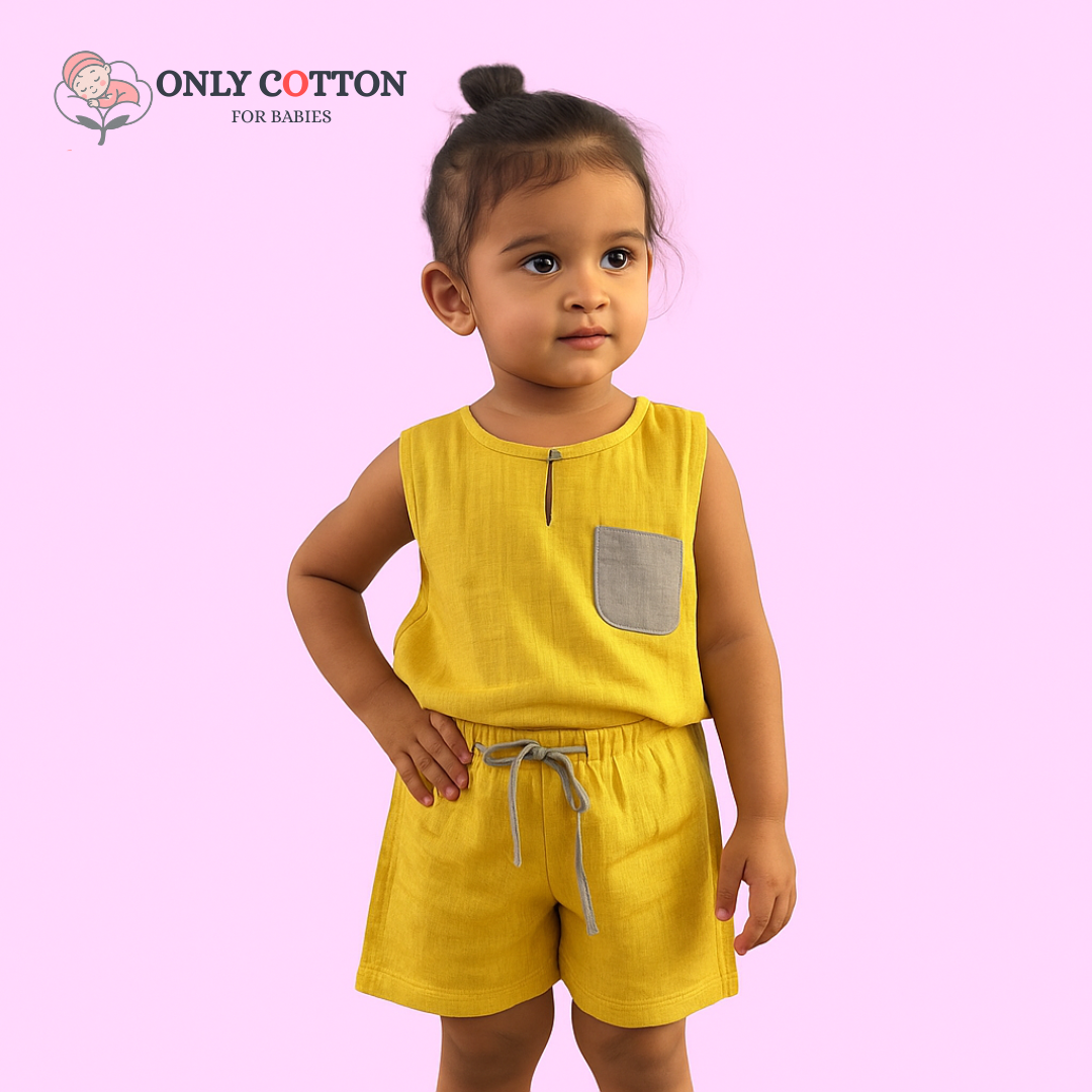 Organic Cotton Muslin Unisex Colourblocked Jhabla Sets with Patched Pockets