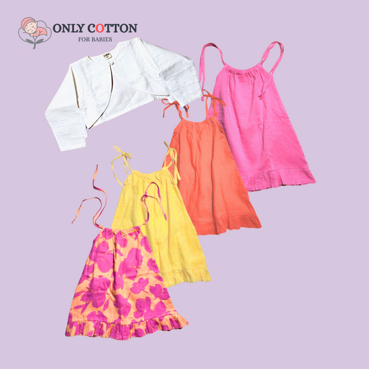 Organic Cotton Muslin Camisole Dress/ Girls Jhabla Set - Indian Colours Set of Four