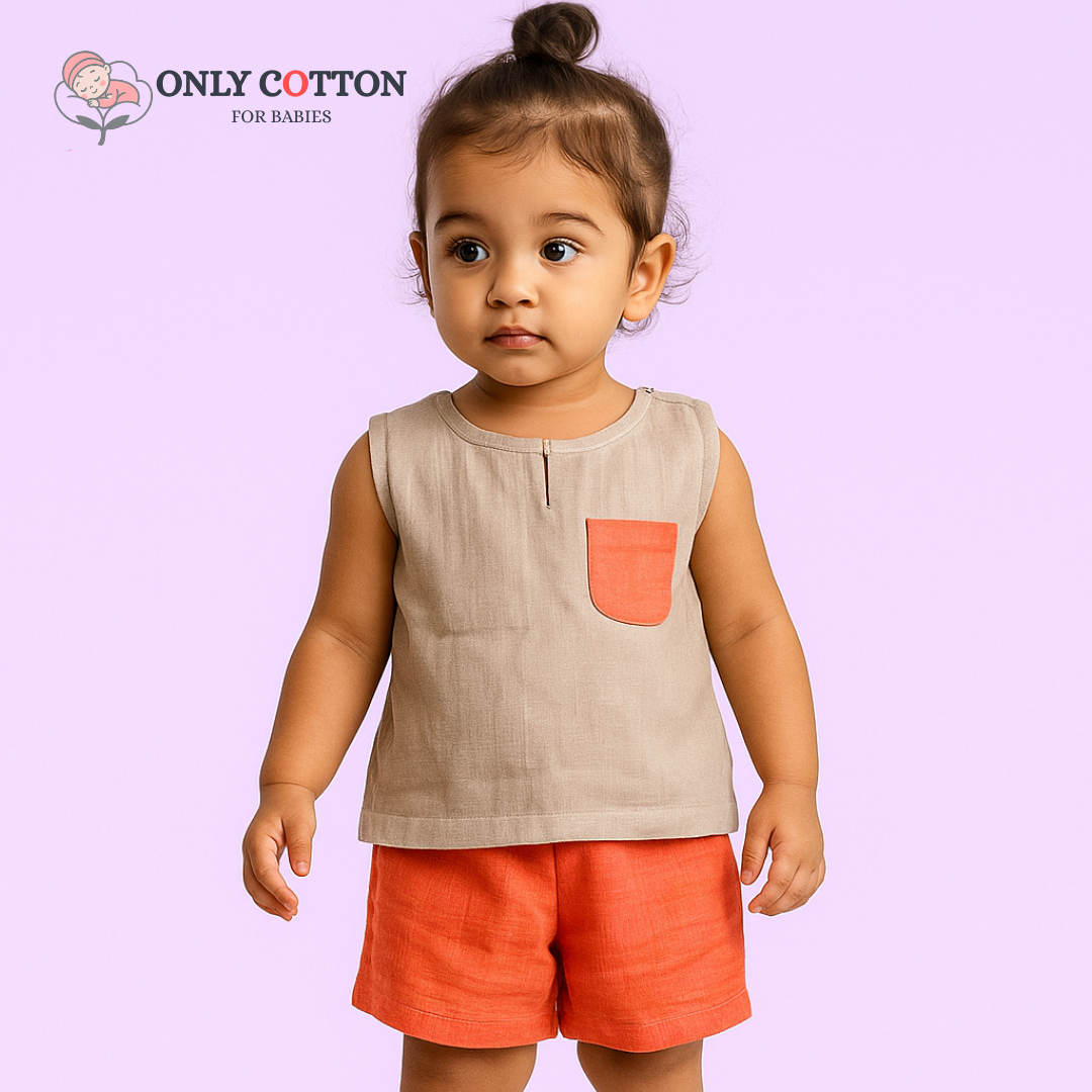 Organic Cotton Muslin Unisex Colourblocked Jhabla Sets with Patched Pockets