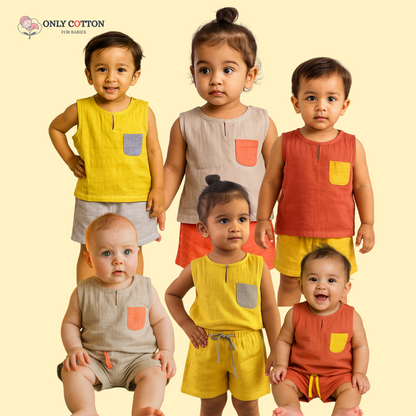 Organic Cotton Muslin Unisex Colourblocked Jhabla Sets with Patched Pockets