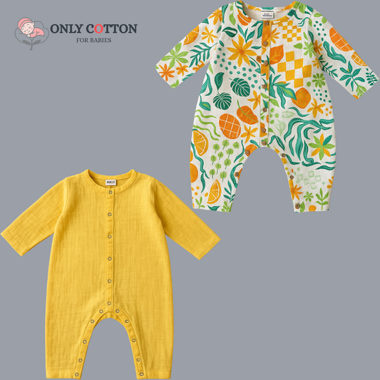 Organic Cotton Muslin Snap Up Rompers - Combo of 2 (Fruits)