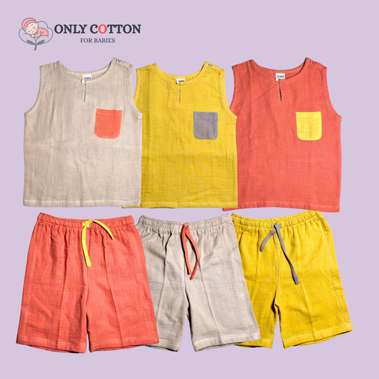 Organic Cotton Muslin Unisex Colourblocked Jhabla Sets with Patched Pockets