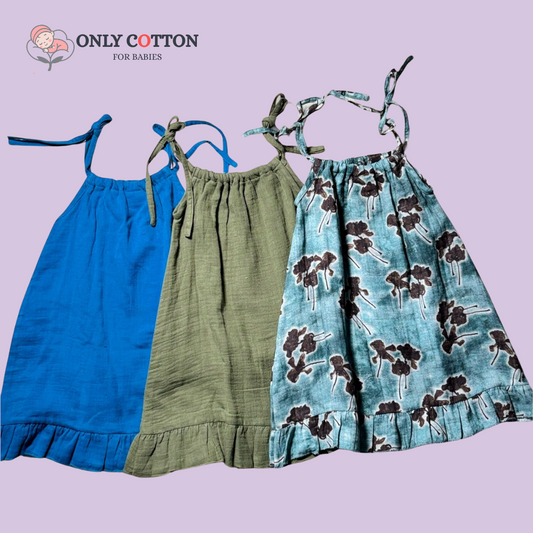 Organic Cotton Muslin Camisole Dress/ Girls Jhabla Set - English Colours Set of Three