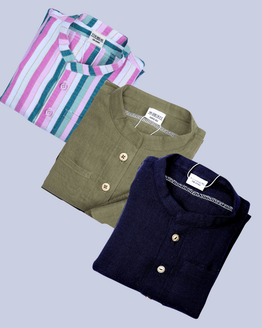Organic Cotton Mandarin Collar Shirt with Roll Up Sleeves (Combo of Three)
