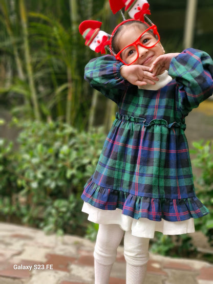 Cotton Flannel Plaid Dress for Girls – Double Layer, Flared in Christmas Green