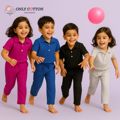 Muslin Polo Tee with Full Length Pajama - Combo of 4 Sets